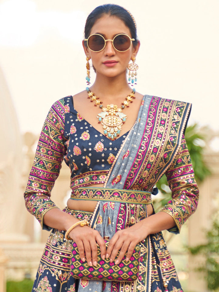 Blue-Pink Designer Silk Ready to Wear Lehenga Choli With Sparkle & Mirror Work - qivii