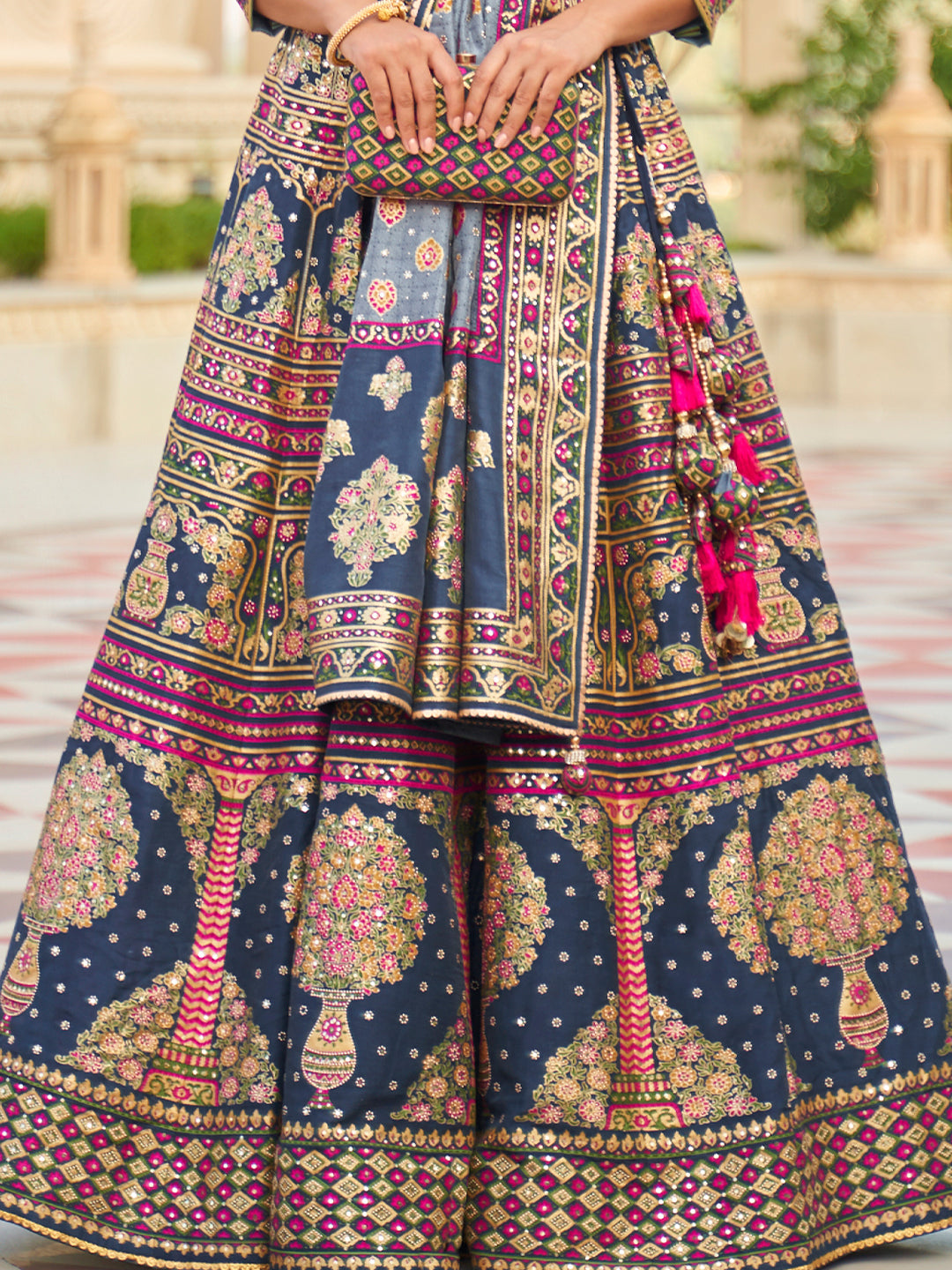 Blue-Pink Designer Silk Ready to Wear Lehenga Choli With Sparkle & Mirror Work - qivii