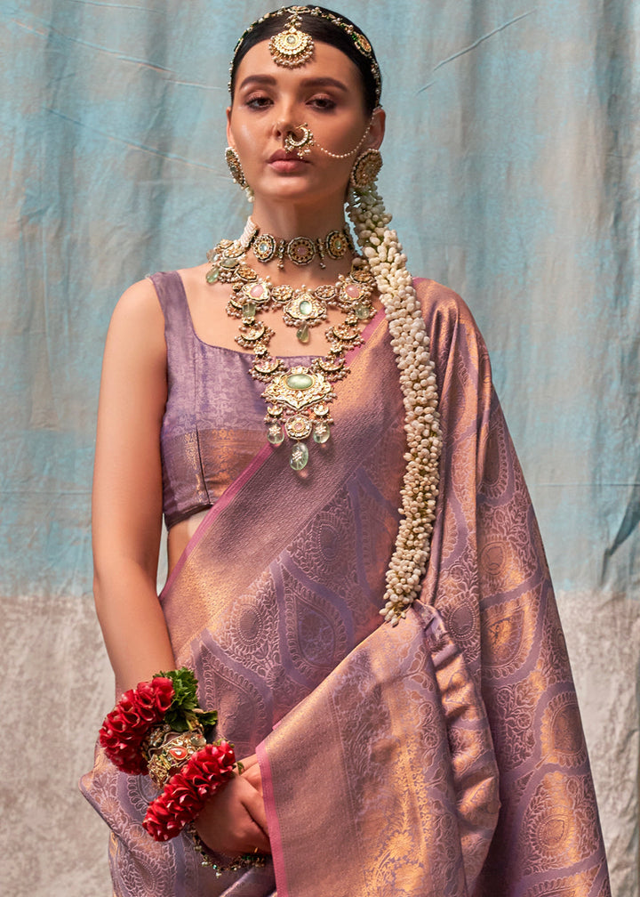 Rich Purple Kanjivaram Silk Saree with Intricate Gold Zari work - qivii