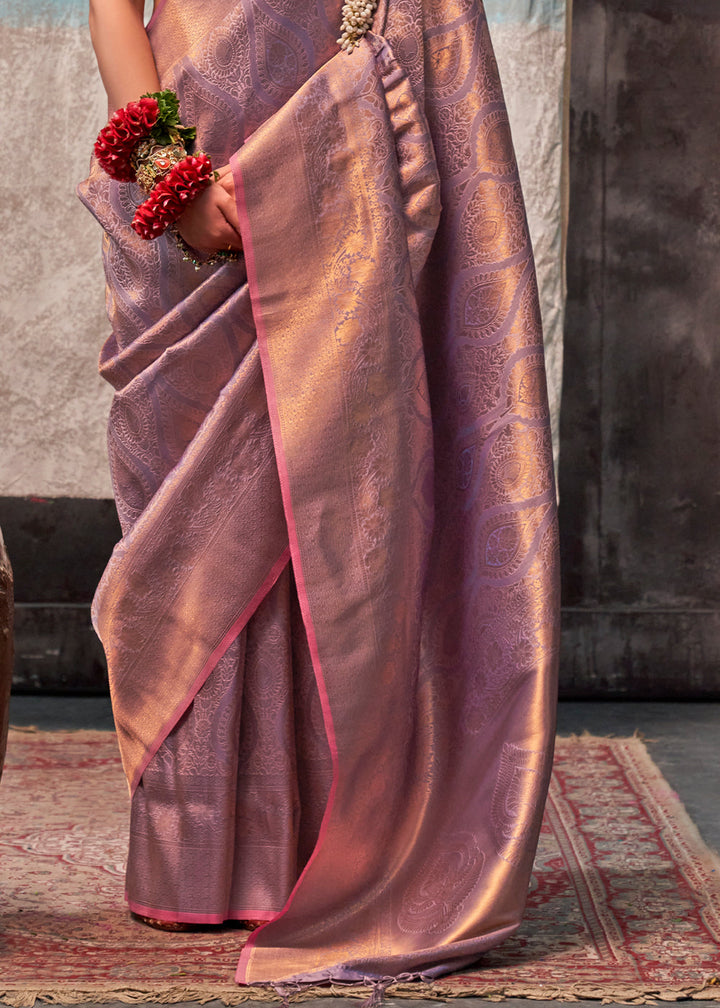 Rich Purple Kanjivaram Silk Saree with Intricate Gold Zari work - qivii