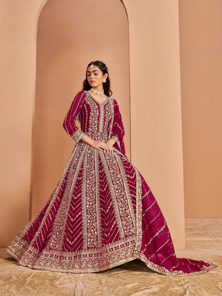 Dark Pink Georgette Gown With Sequence & Thread Embroidery Work - qivii