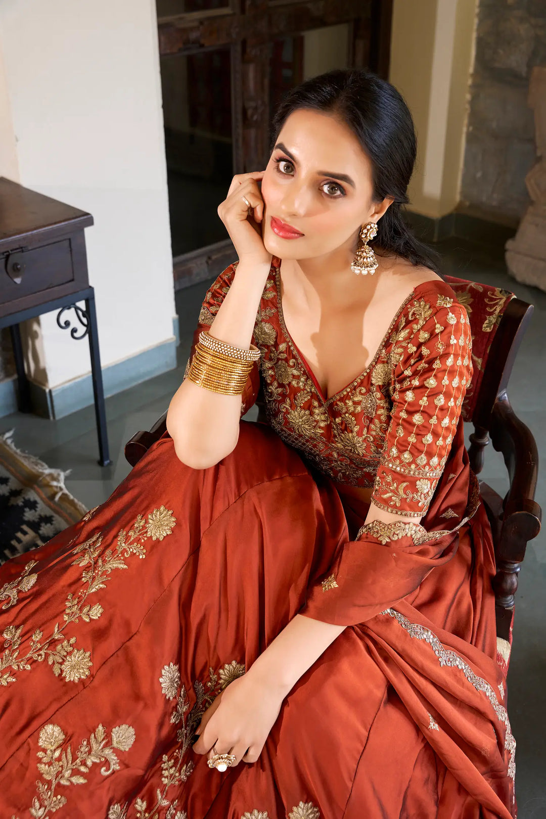 Rust Orange Rangoli Silk Lehenga Choli With Sequins and Thread Embroidery Work - qivii