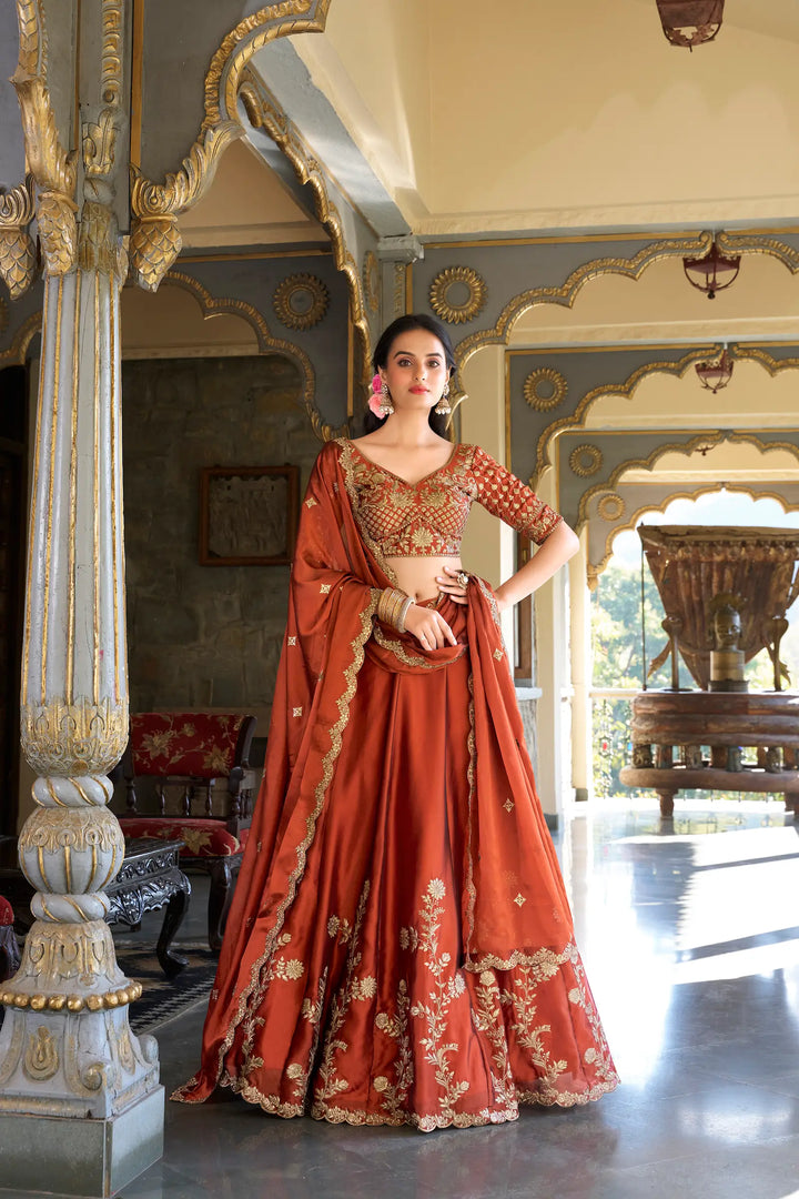 Rust Orange Rangoli Silk Lehenga Choli With Sequins and Thread Embroidery Work - qivii