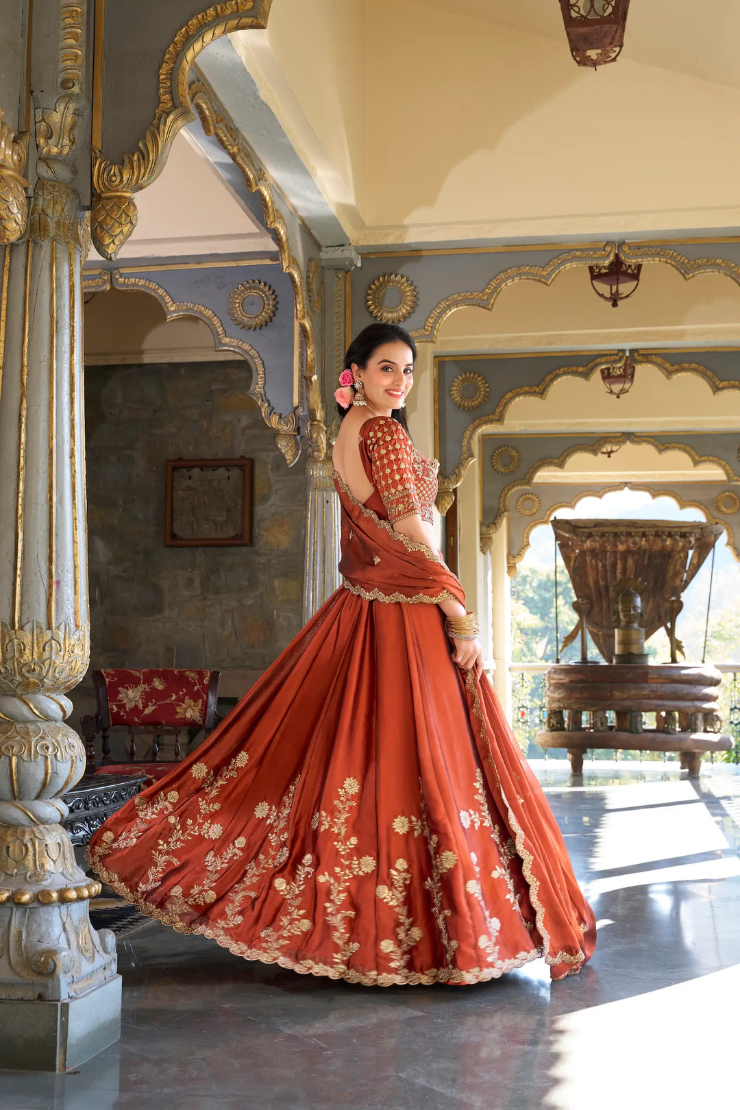 Rust Orange Rangoli Silk Lehenga Choli With Sequins and Thread Embroidery Work - qivii