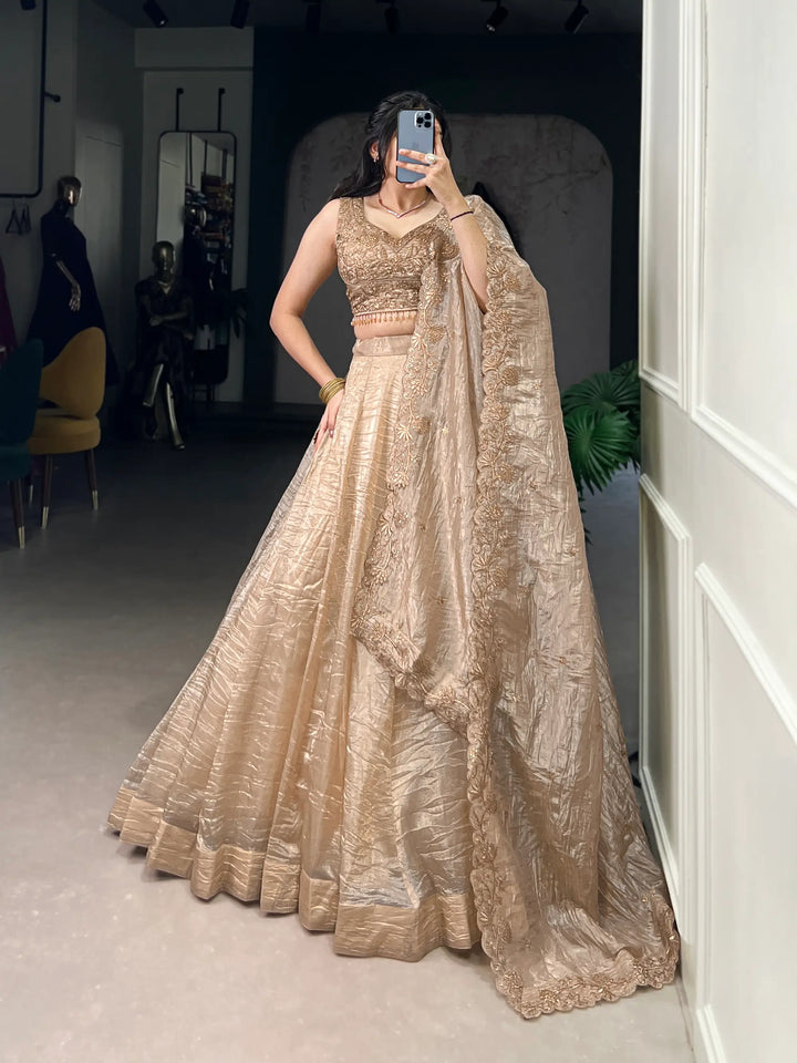 Dark Beige Crush Sequence & Thread Embroidery Lehenga Choli - qivii