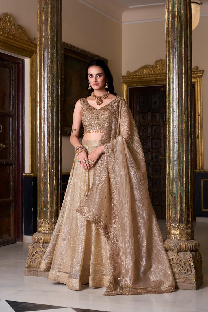 Dark Beige Crush Sequence & Thread Embroidery Lehenga Choli - qivii