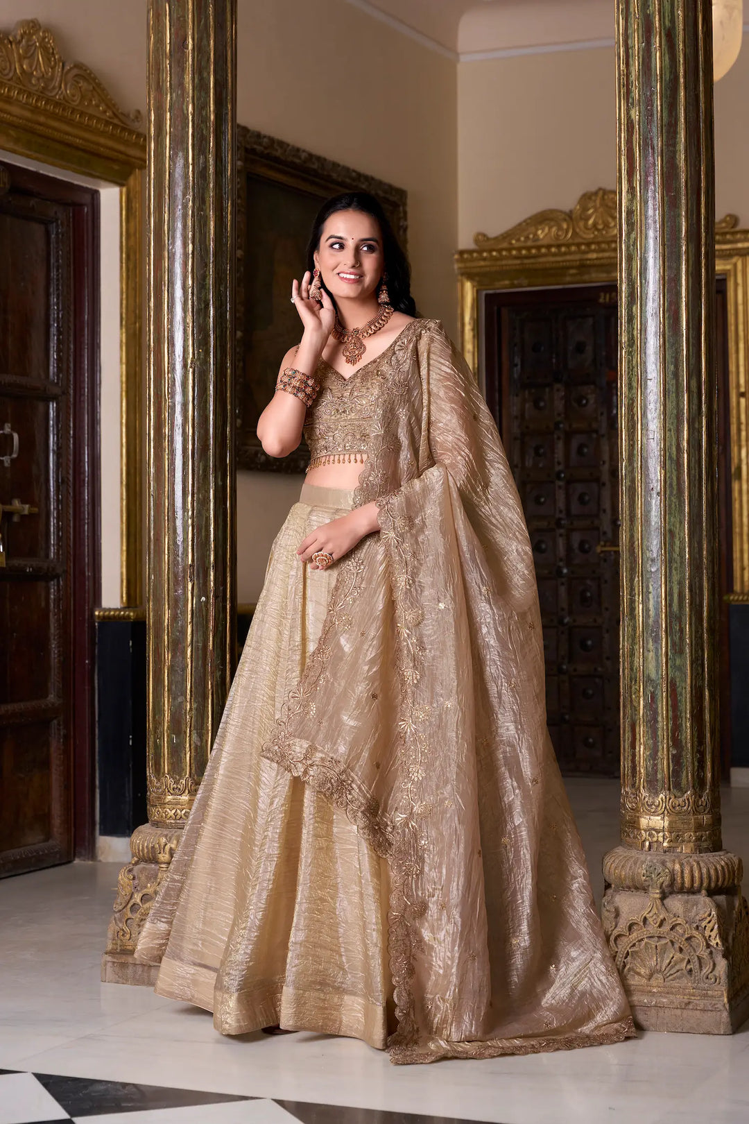 Dark Beige Crush Sequence & Thread Embroidery Lehenga Choli - qivii