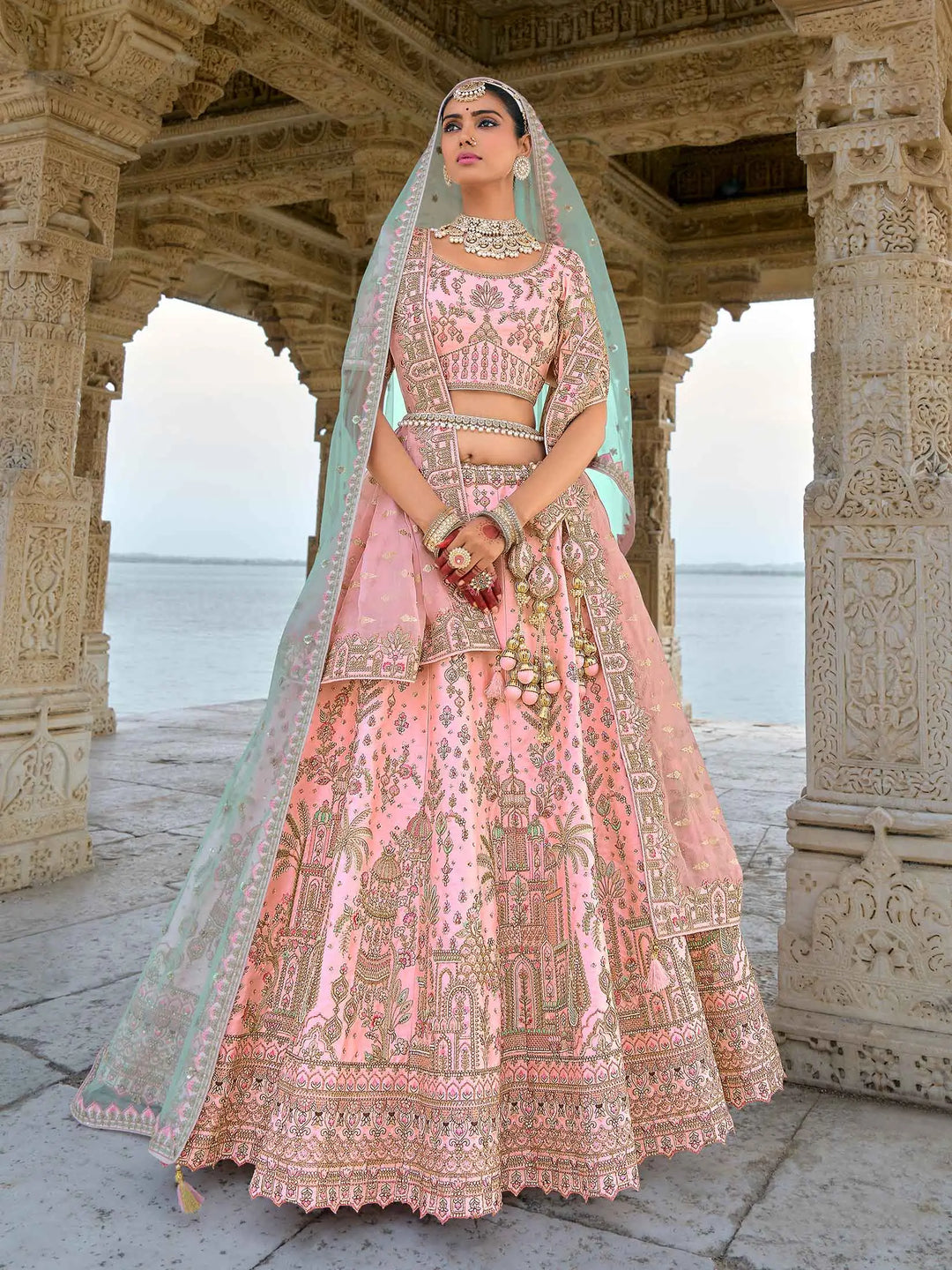 Tea Rose Designer Bridal Lehenga With Heavy Embroidery & 2 Dupatta - qivii
