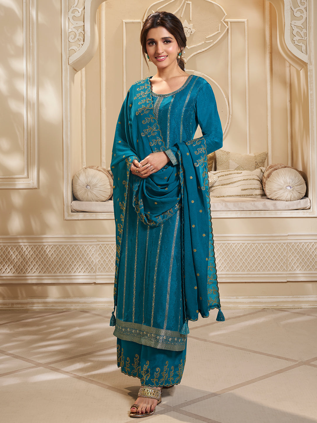 Blue Dola Silk Palazzo Suit Set with Zari and Self Weave Top - qivii
