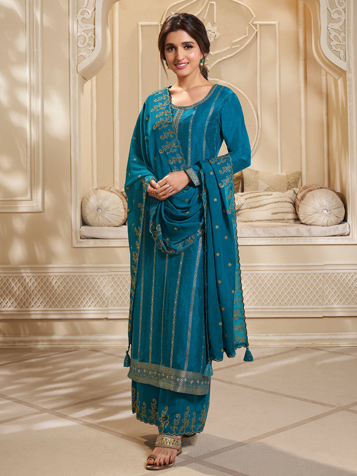 Blue Dola Silk Palazzo Suit Set with Zari and Self Weave Top - qivii