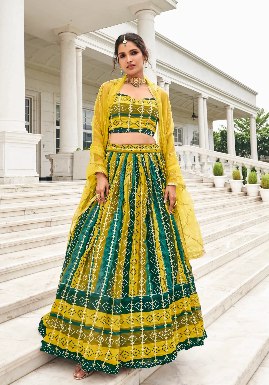 Yellow-Multicolor Georgette Lehenga Choli With Digital Print & Embroidery Work | Ready To Wear - qivii