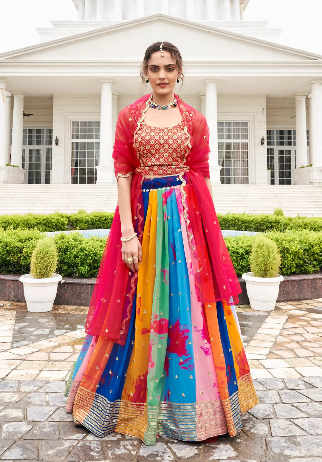 Red-Multicolor Georgette Lehenga Choli With Digital Print & Embroidery Work | Ready To Wear - qivii