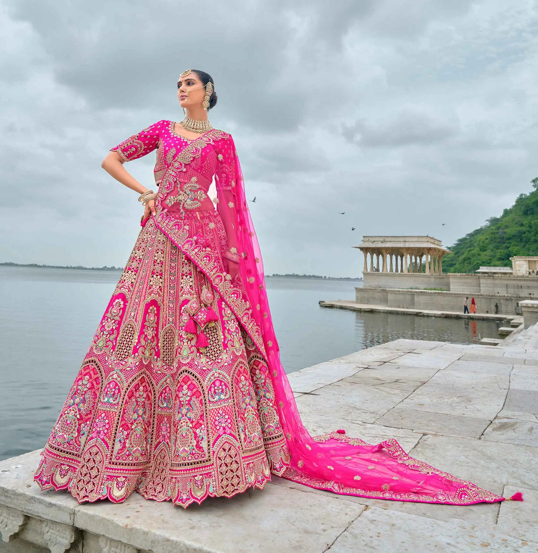 Pink Bridal Lehenga With Khatli, Heavy Embroidery & 2 Dupatta - qivii
