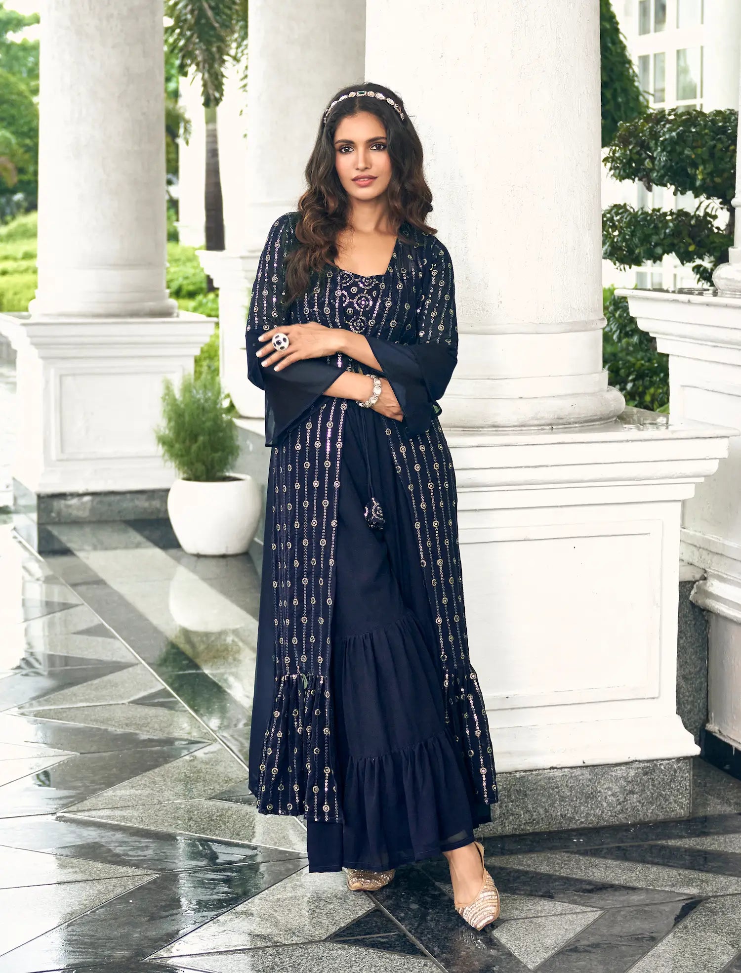 Navy Blue Georgette Indo western Set With Thread & Sequence Embroidery Work
