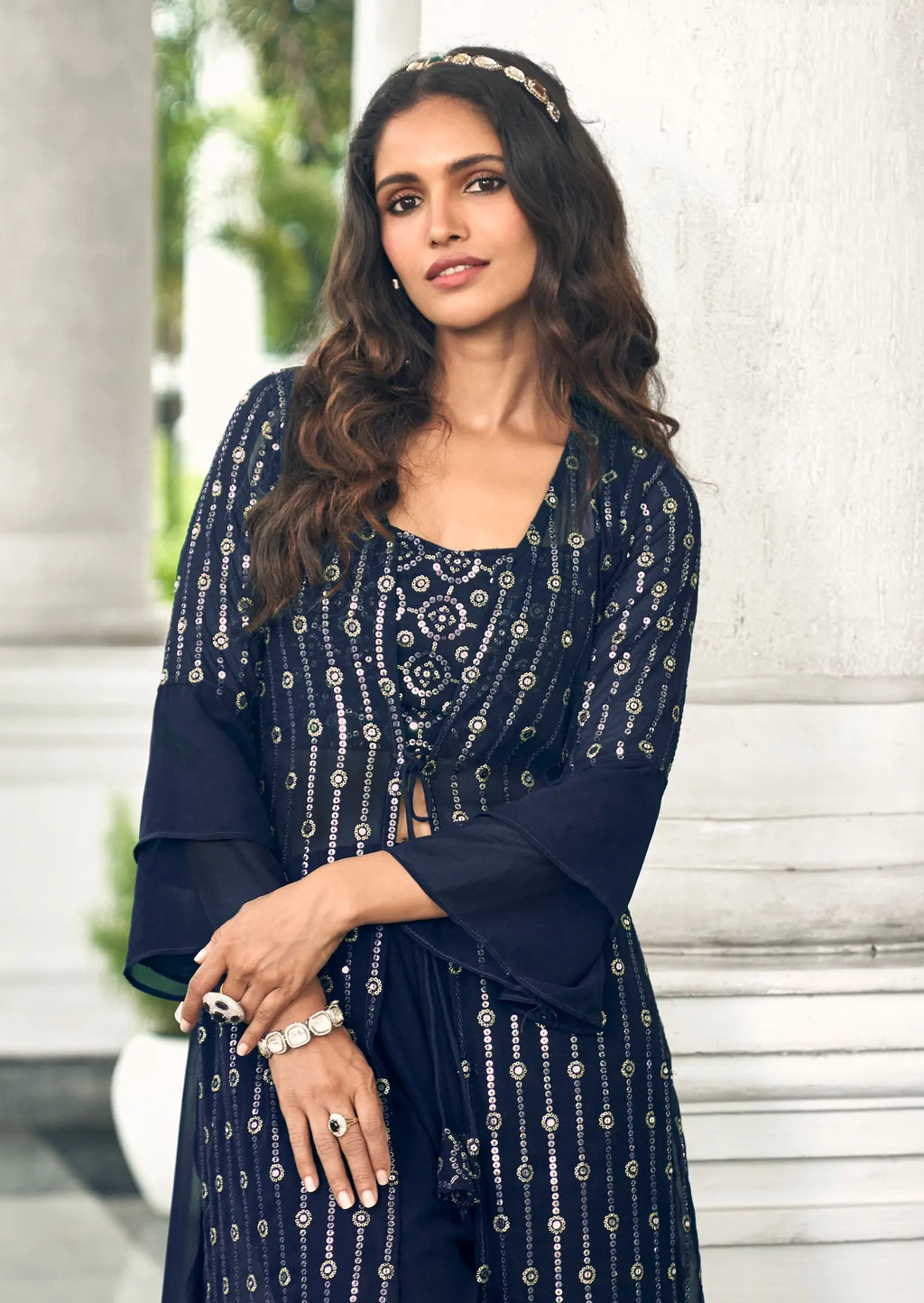 Navy Blue Georgette Indo western Set With Thread & Sequence Embroidery Work