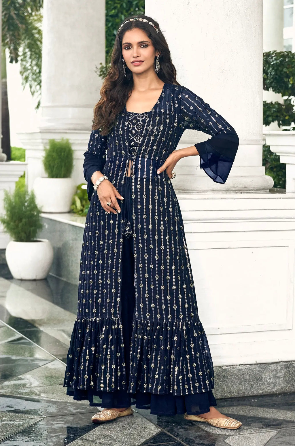 Navy Blue Georgette Indo western Set With Thread & Sequence Embroidery Work