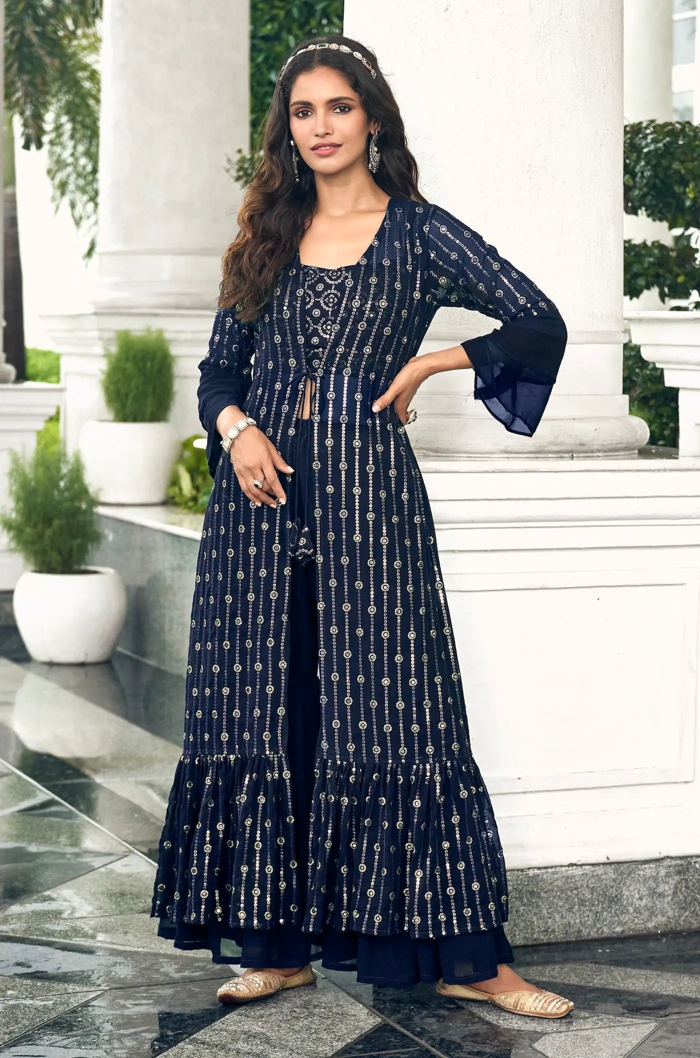 Navy Blue Georgette Indo western Set With Thread & Sequence Embroidery Work