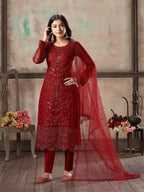 Red Net Salwar Suit With Thread & Sequence Embroidery Work