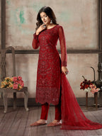 Red Net Salwar Suit With Thread & Sequence Embroidery Work