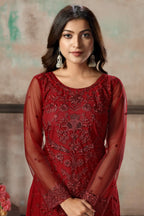 Red Net Salwar Suit With Thread & Sequence Embroidery Work
