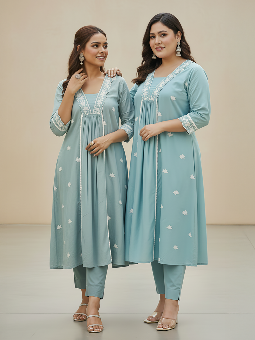 Janasya Women's Plus Size Light Blue Pure Cotton Embroidered A-line Kurta Pant Set