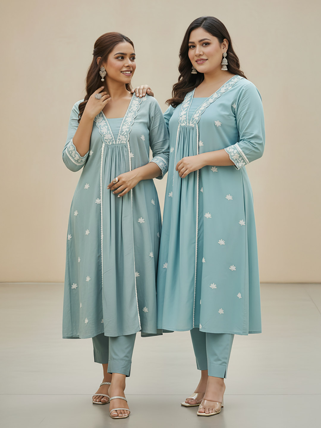 Janasya Women's Plus Size Light Blue Pure Cotton Embroidered A-line Kurta Pant Set - qivii