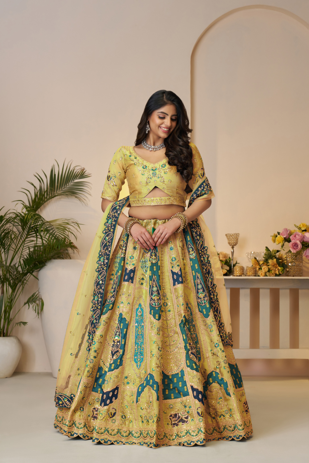 Rajsi Haathi Collection: Yellow Banarsi Bridal Lehenga - qivii