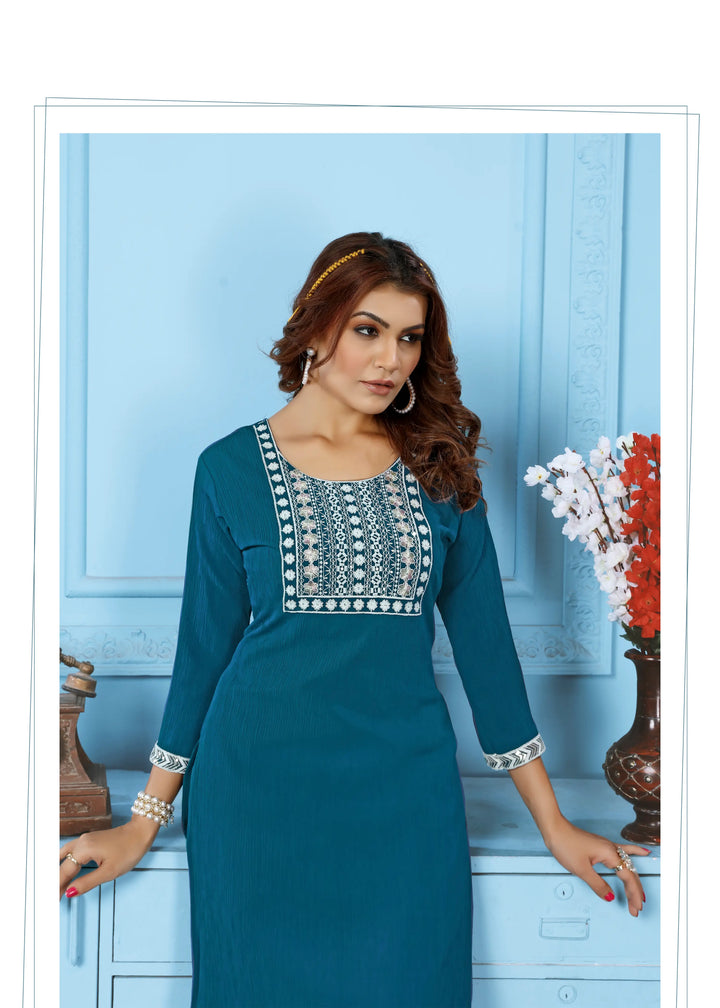 Cyan Blue Kurta Set With Embroidery Work - qivii
