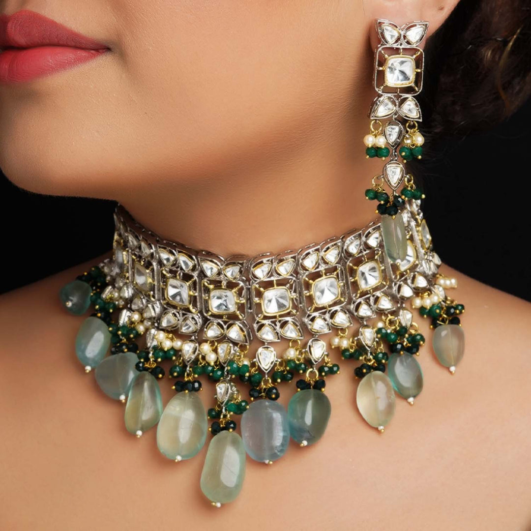 Exquisite Bushra Mint Green Rhodium Plated Victorian Necklace Set with intricate detailing and stunning green gemstones