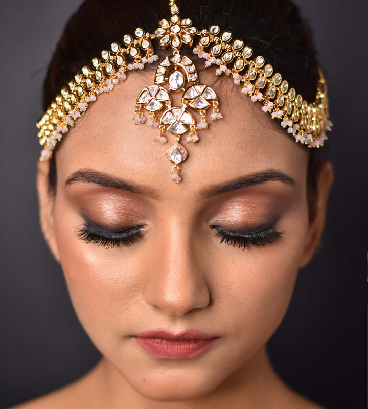 Mira Gold Plated Baby Pink Kundan Mathapatti - qivii