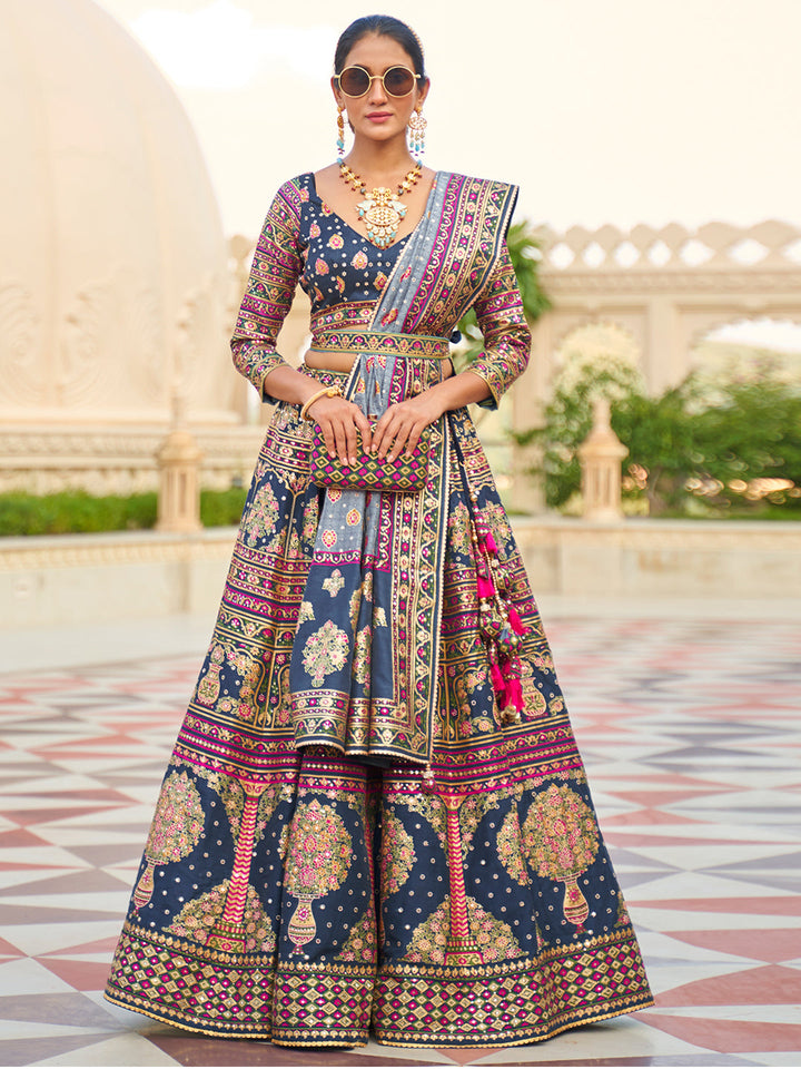 Blue-Pink Designer Silk Ready to Wear Lehenga Choli With Sparkle & Mirror Work - qivii