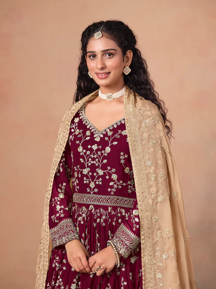 Maroon Georgette Embroidery Gown With Organza Dupatta - qivii