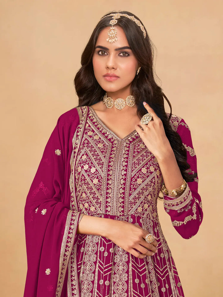 Dark Fuchsia Georgette Embroidery Work Gown