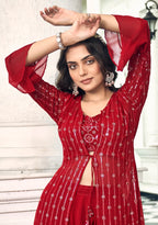 Red Georgette Indo western Set With Thread & Sequence Embroidery Work