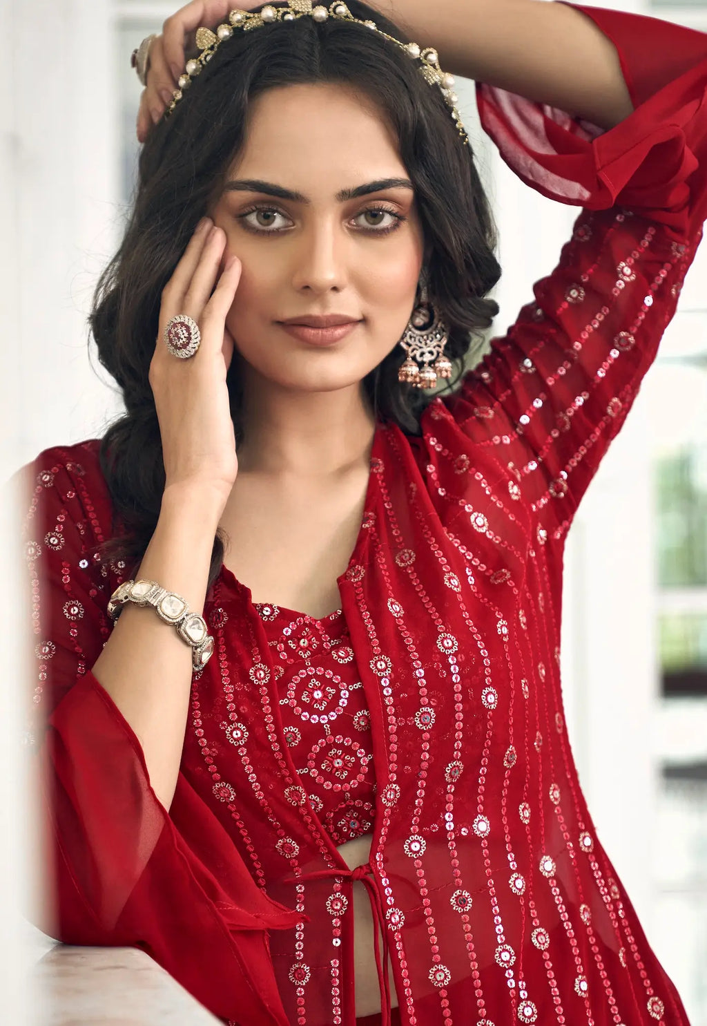 Red Georgette Indo western Set With Thread & Sequence Embroidery Work