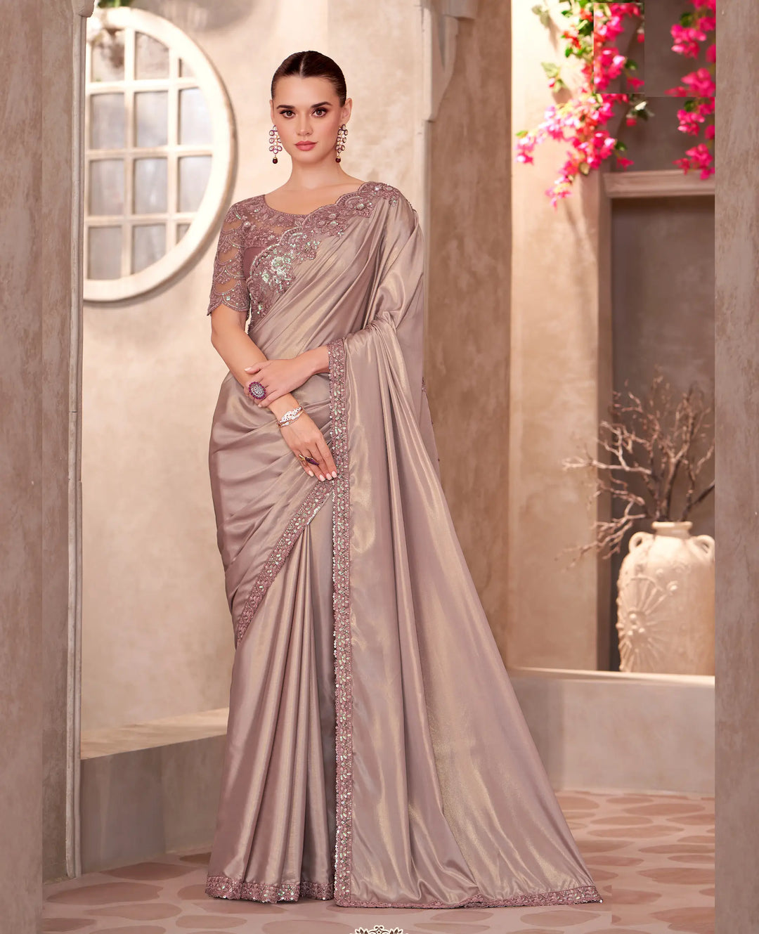 Shiney Beige Shimmer Crepe Embroidery Work Saree - qivii