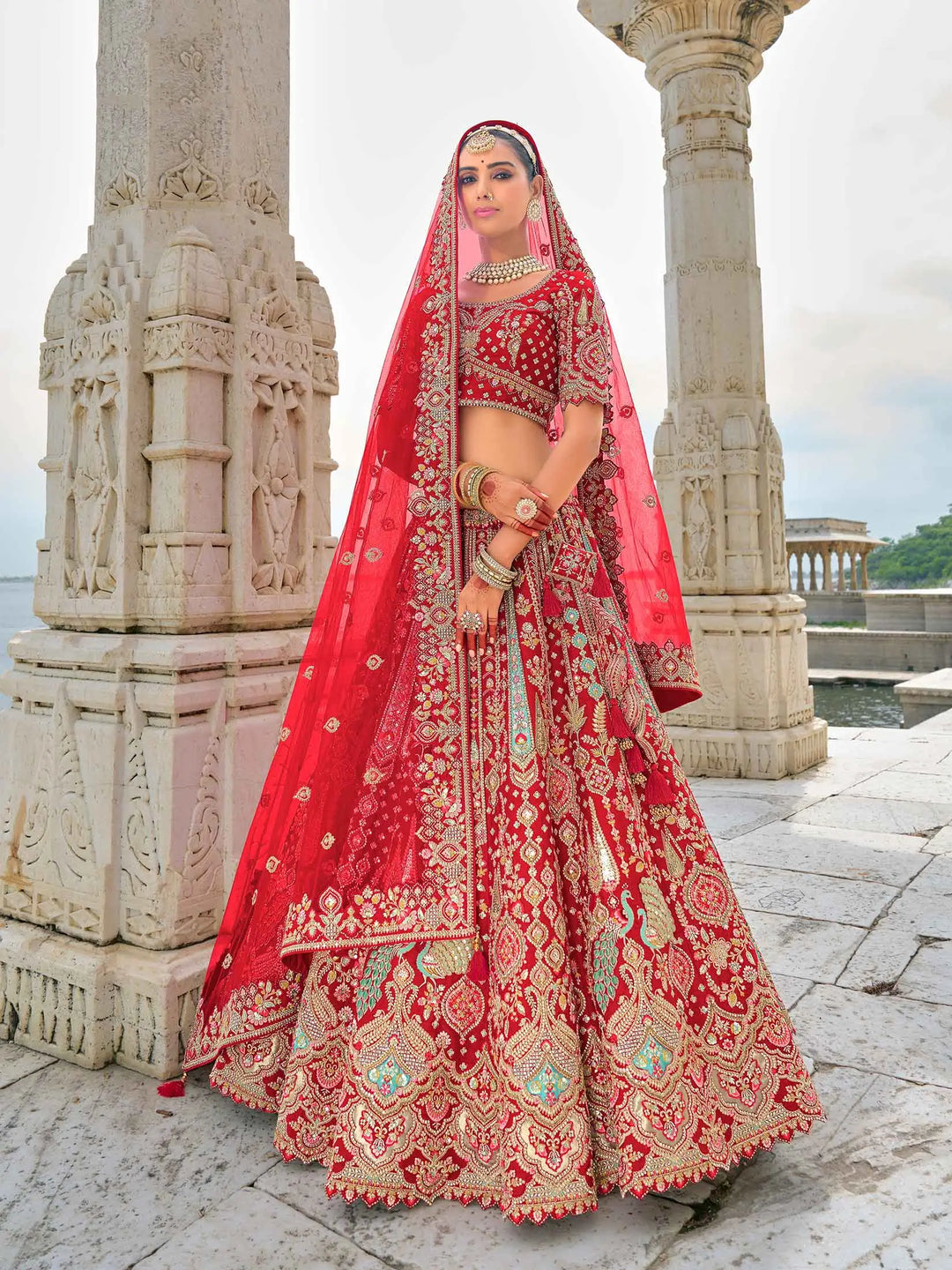 Designer Red Bridal Lehenga With Heavy Embroidery & 2 Dupatta - qivii
