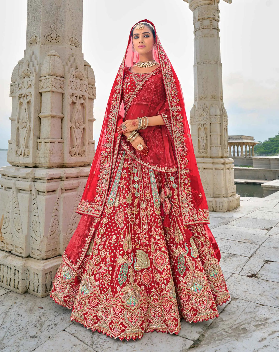 Designer Red Bridal Lehenga With Heavy Embroidery & 2 Dupatta - qivii