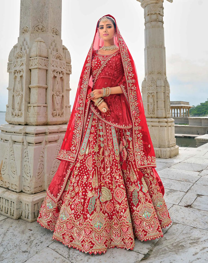 Designer Red Bridal Lehenga With Heavy Embroidery & 2 Dupatta - qivii