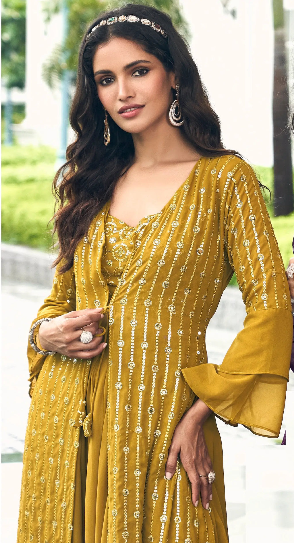 Yellow Georgette Indo western Set With Thread & Sequence Embroidery Work