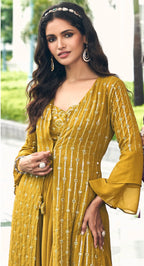Yellow Georgette Indo western Set With Thread & Sequence Embroidery Work