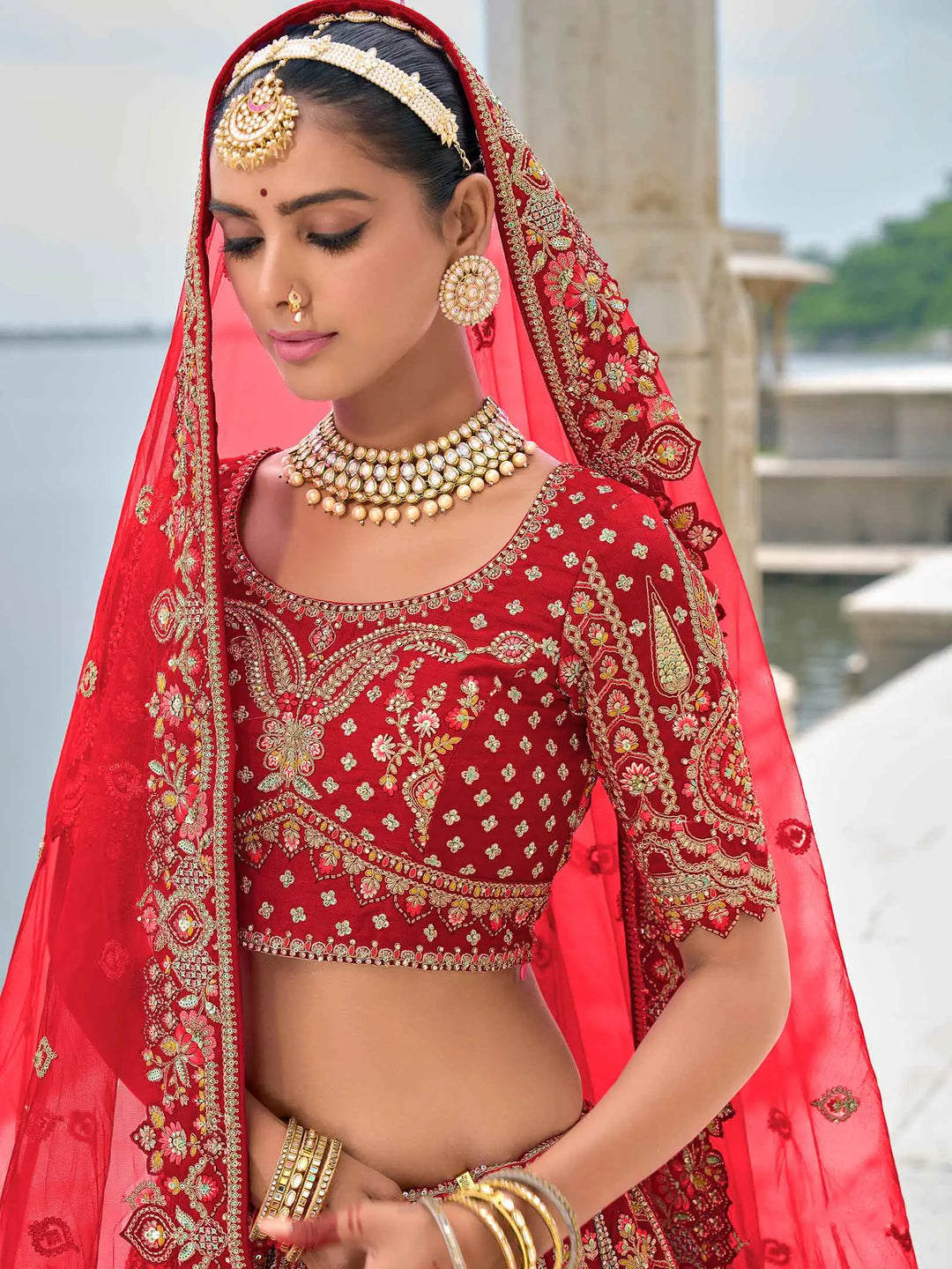 Designer Red Bridal Lehenga With Heavy Embroidery & 2 Dupatta - qivii