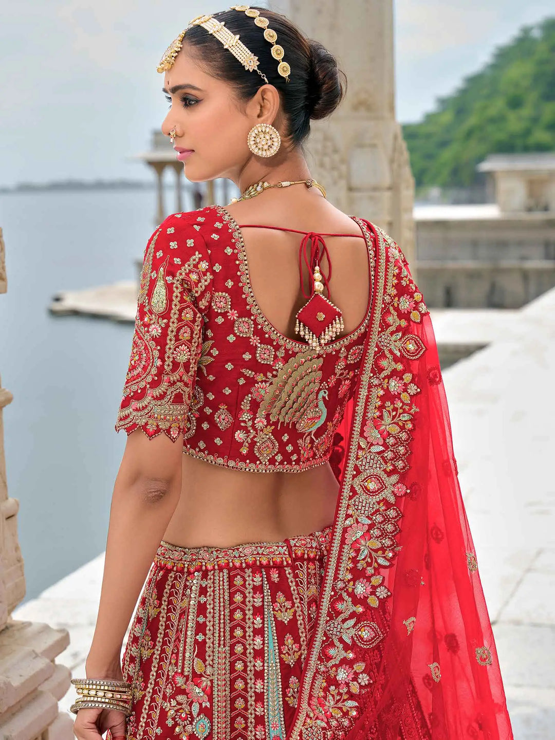 Designer Red Bridal Lehenga With Heavy Embroidery & 2 Dupatta - qivii