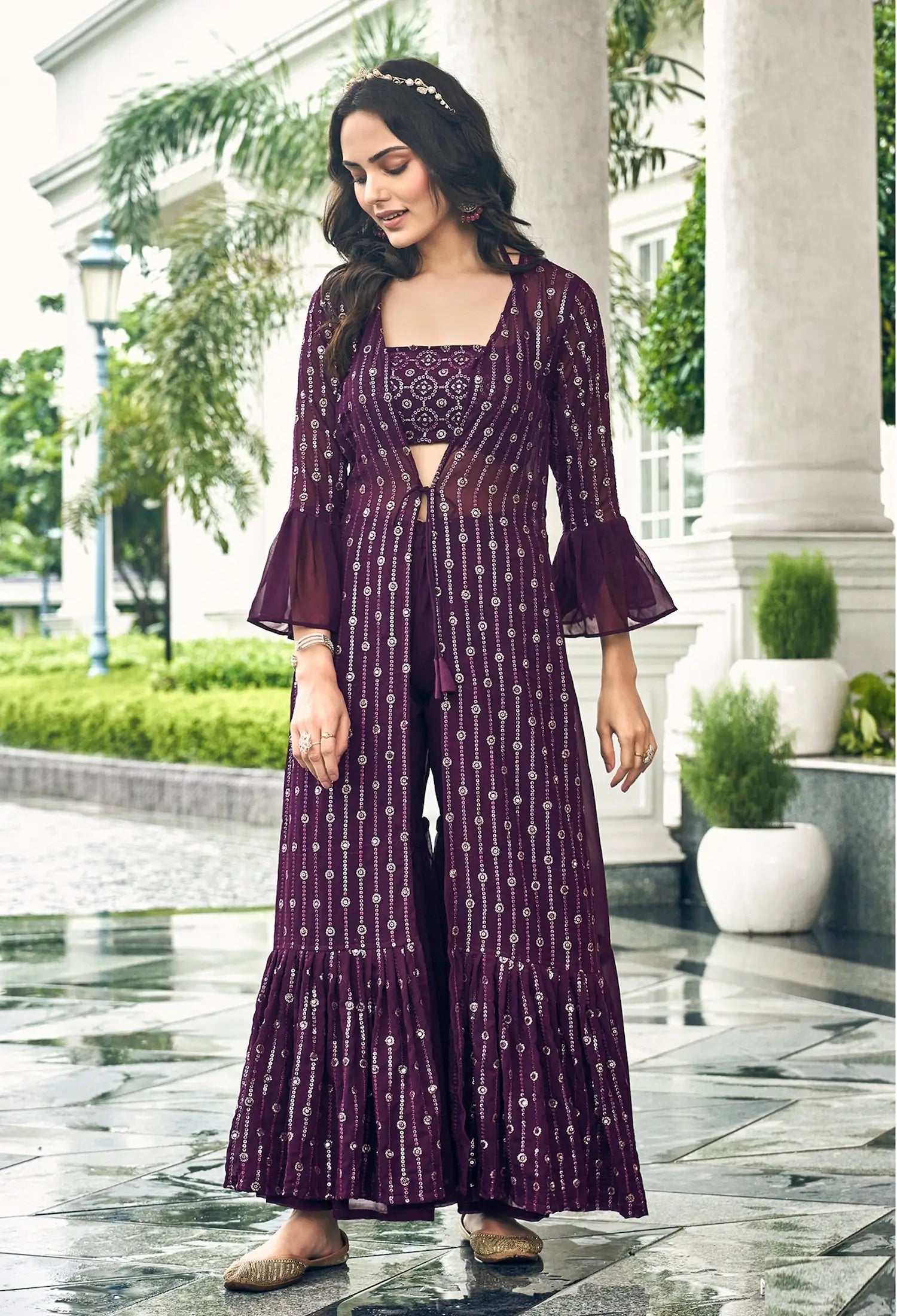 Wine Georgette Indo western Set With Thread & Sequence Embroidery Work