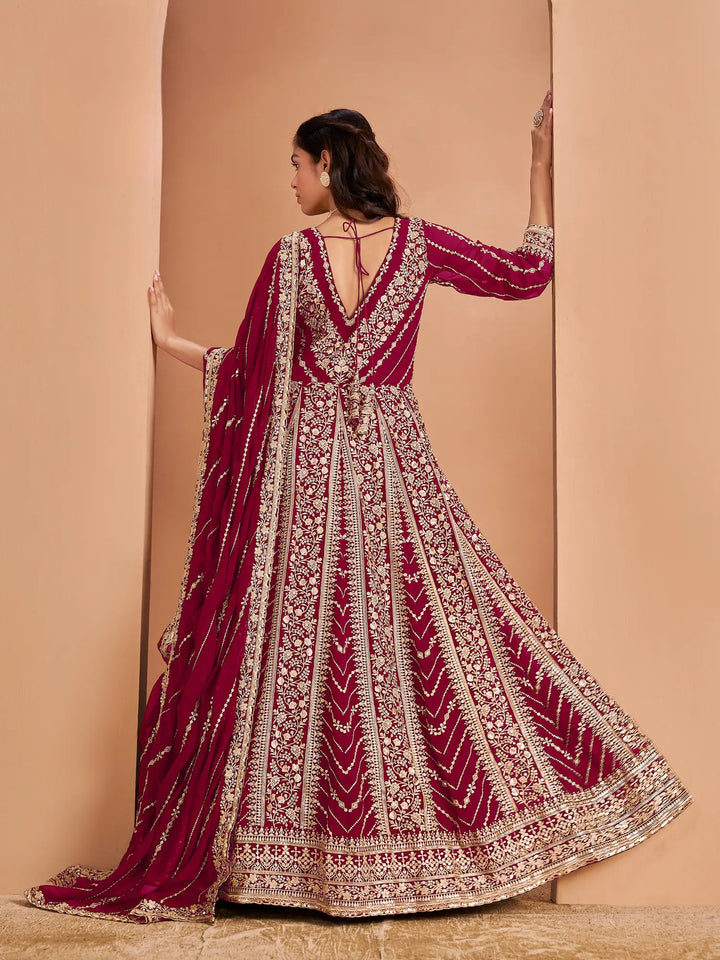 Dark Pink Georgette Gown With Sequence & Thread Embroidery Work - qivii