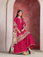 Red Chinon Silk Sharara Set with Embroidered Top & Taby Silk Dupatta