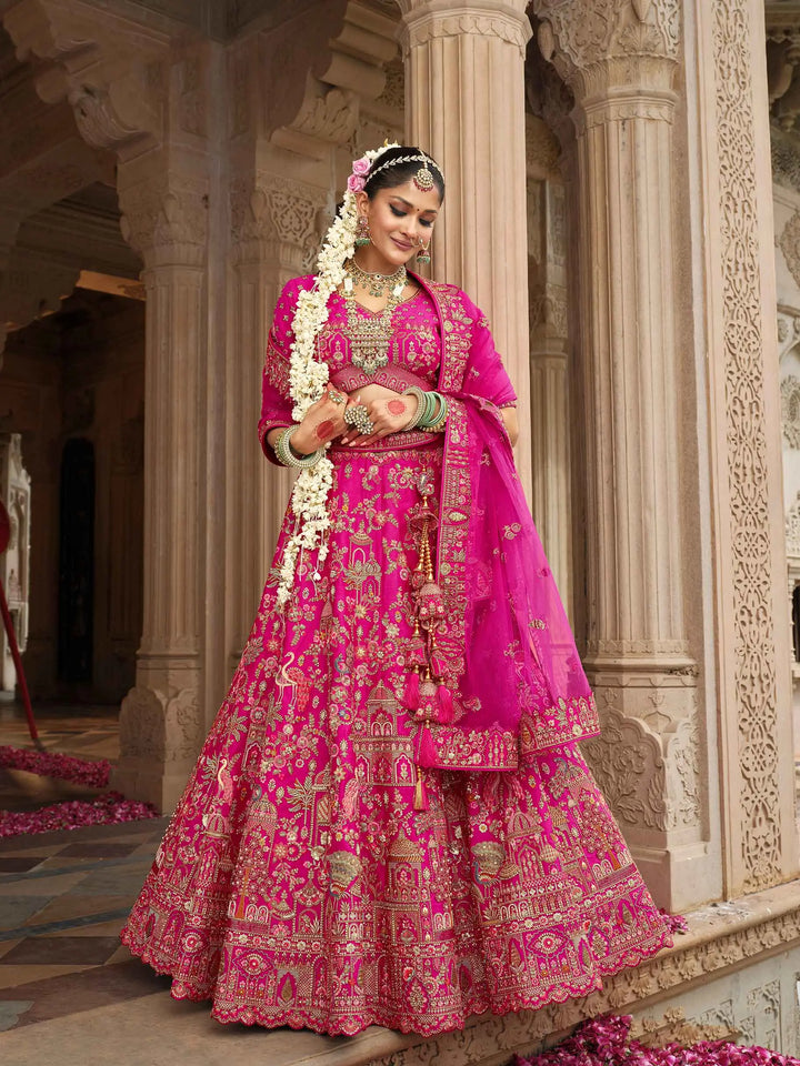 Pink Khatli Embroidery Bridal Lehenga With 2 Dupatta - qivii