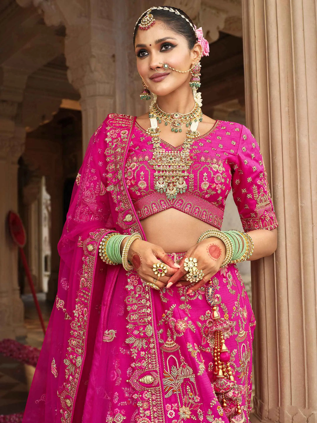 Pink Khatli Embroidery Bridal Lehenga With 2 Dupatta - qivii