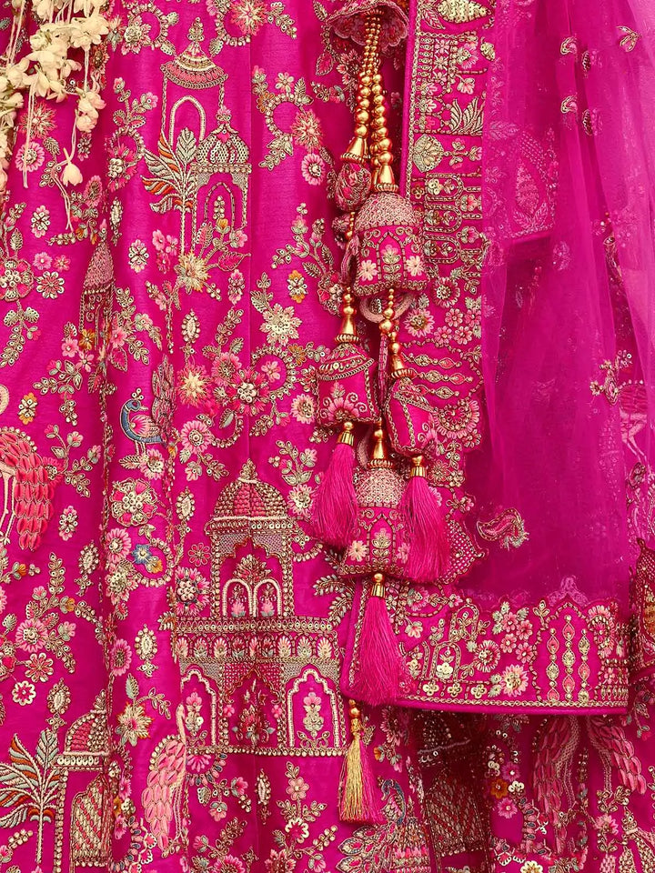 Pink Khatli Embroidery Bridal Lehenga With 2 Dupatta - qivii