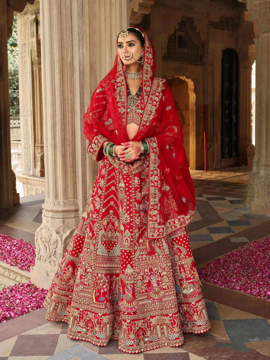 Scarlet Red Khatli Embroidery Bridal Lehenga & 2 Dupatta - qivii
